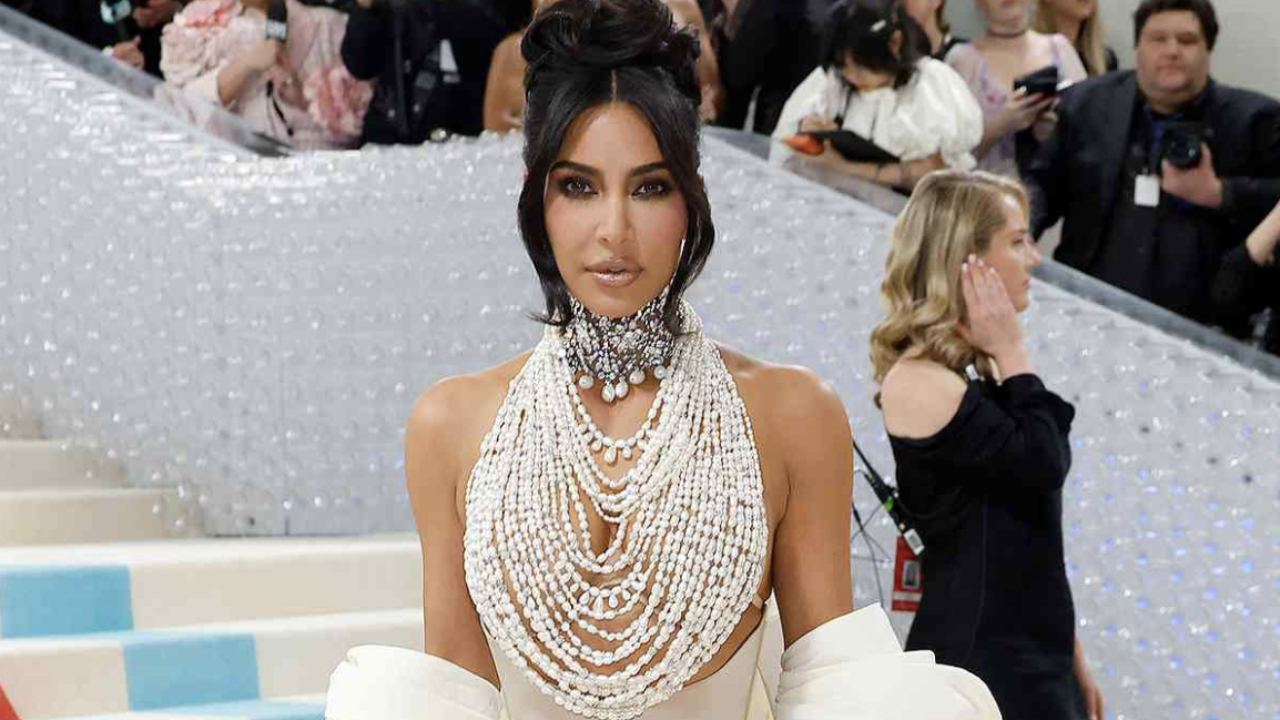 Kim Kardashian Dripping in Pearls at Met Gala in Schiaparelli Dress