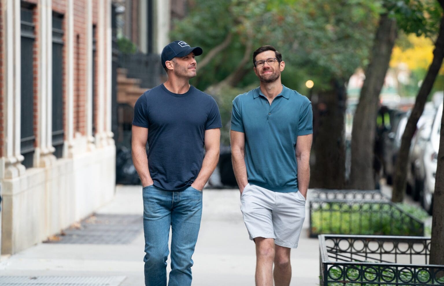 Aaron (Luke Macfarlane) and Bobby (Billy Eichner) in Bros, co-written, produced and directed by Nicholas Stoller. (Photo Credit: Nicole Rivelli/Universal Pictures)