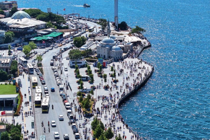 ISTANBUL, TURKIYE - JUNE 17: An aerial view of the citizens and tourists spending their second day of Eid al-Adha holiday at the historical and touristic places like Hagia Sophia, Sultanahmet Square and Eminonu in Istanbul, Turkiye on June 17, 2024.