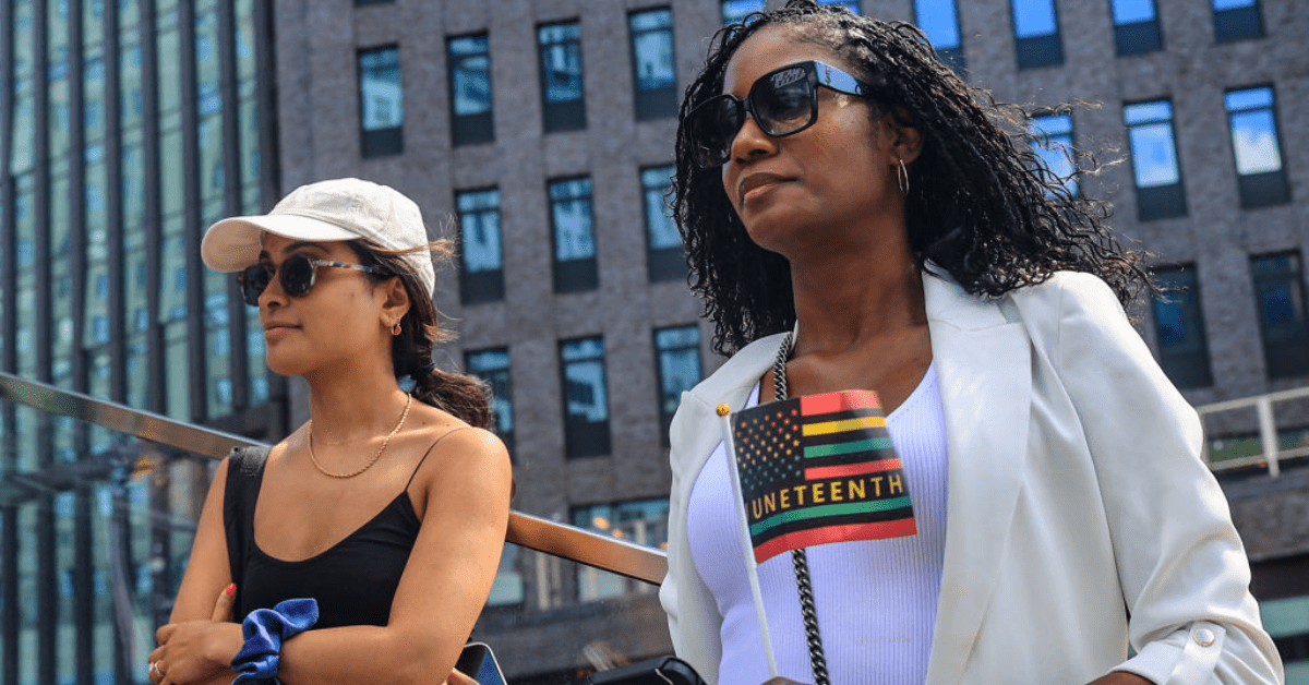 NEW YORK, UNITED STATES - JUNE 15: African-Americans in New York celebrate Juneteenth which marks the National Independence Day, June 19 in 1865, ending of slavery in the United States, on June 15, 2024, in New York City. (Photo by Selcuk Acar/Anadolu via Getty Images)