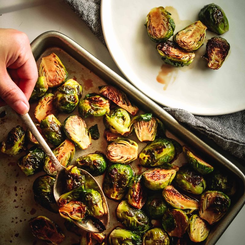 ROASTED BALSAMIC MAPLE BRUSSEL SPROUTS