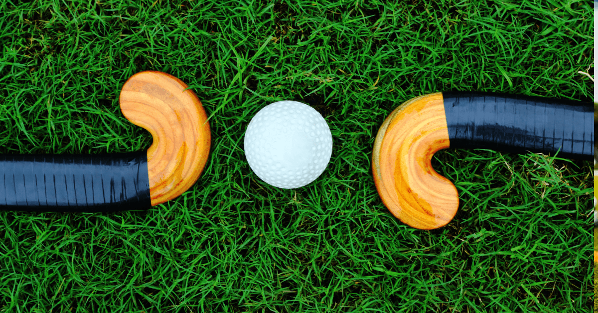 Two hockey sticks and ball on grass